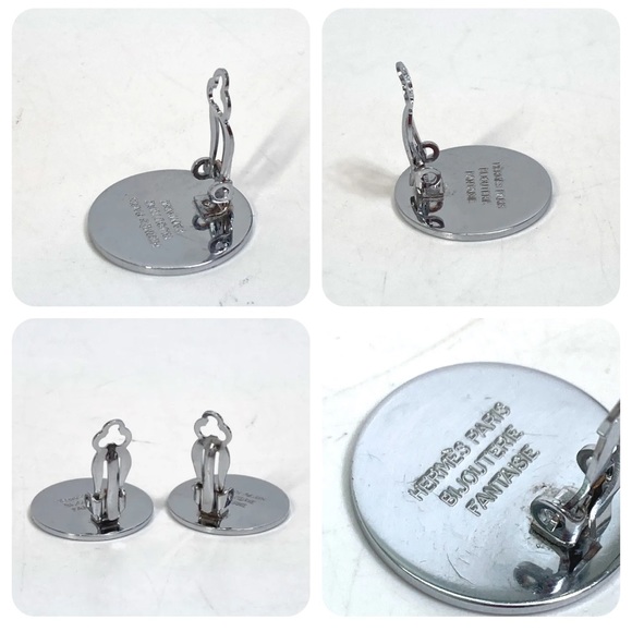 HERMES SILVER COIN LOGO BIJOUTERIE FANTAISE CLIP-ON EARRINGS + BOX - Picture 2 of 13